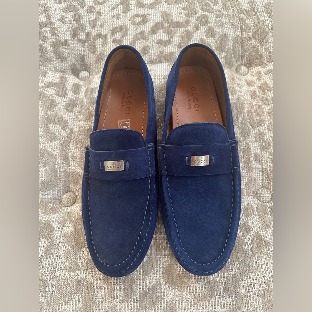 Gucci Blue Suede Loafers with Silver Accent